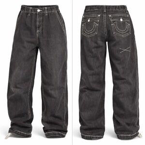 True Religion MENS 29 Jeans Baggy Wide Leg  Black  GRUNGE  SKATER THICK STITCH